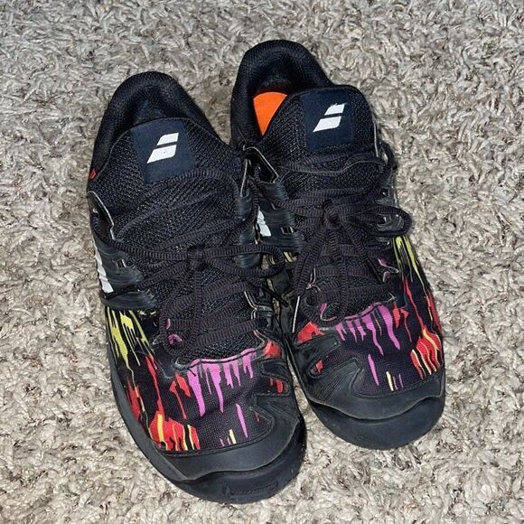 Babolat Fury Tennis Shoes Black & Neon Yellow Orange Violet - Picture 3 of 9